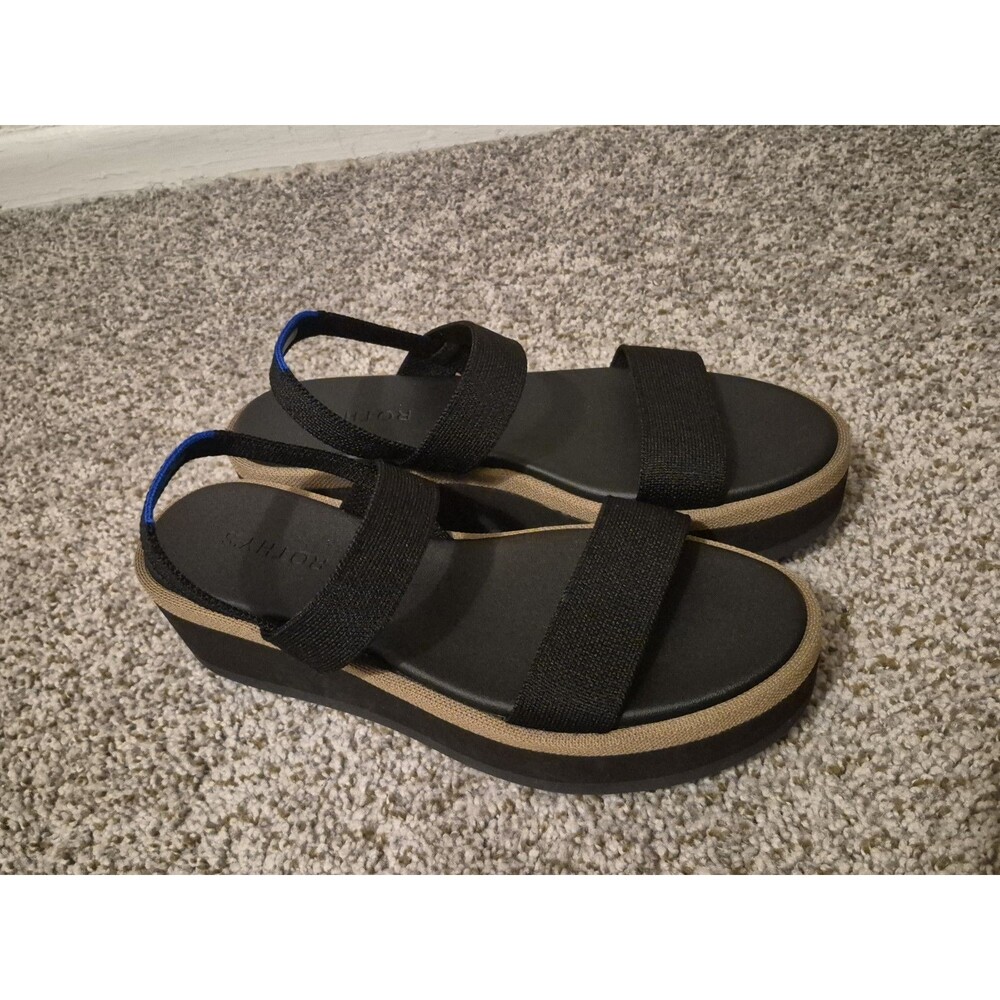 Rothys Lightweight Wedge Sandals Womens 9, Black & Taupe With Stretch Heel Strap